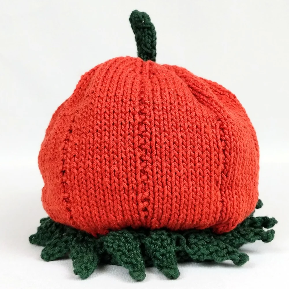 Kid's Hand Knit Hat Pumpkin Fairycore Halloween Stretchy Orange Green Naturecore
